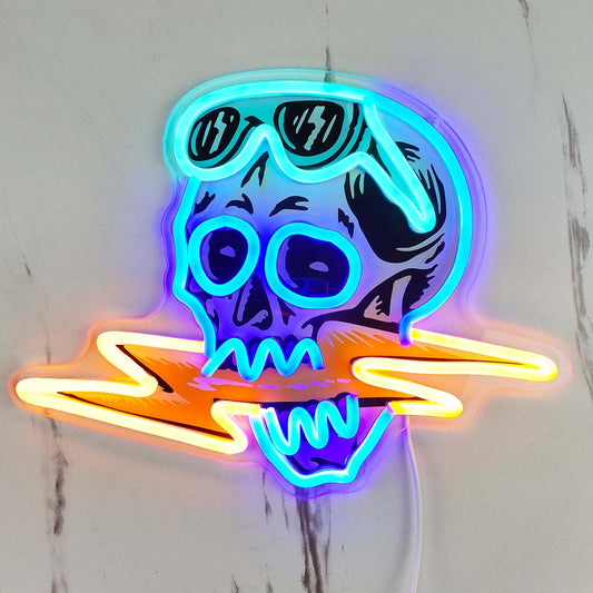 1pc Skull Neon Light Decoration, Skull Wearing Sunglasses And Lightning Bolt LED Neon Light, Skull Pattern Printed Dimmable Super Bright LED Sign, For Room Decoration Home, Party Christmas Halloween Neon Light Decoration