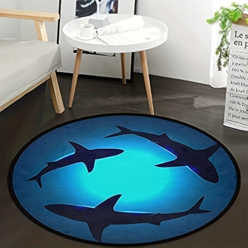 1pc, Shark Round Area Rugs, Non Slip Absorbent Round Doormat, Ocean Animal Shark Soft Machine Washable Floor Mat Carpet Yoga Rug For Entryway Bedroom Living Room Home Decor