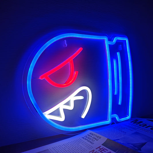 FUFIOR Neon Sign Bullet with Angry Face - LED Wall Art Decor, USB Powered with Switch, Plastic Wall Hanging for Bedroom, Game Room, Dorm, Shop, Cartoon Bomb Design, Non-Dimmable Red & Blue Neon