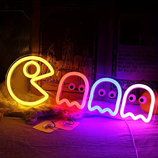 1pc Ghost Neon Sign, Ghost LED Light Sign Wall Decor Playroom Retro Arcade Decor 17"x5.9" With USB/Switch Neon Kids Light Hanging Bedroom Play Area Man Cave Birthday